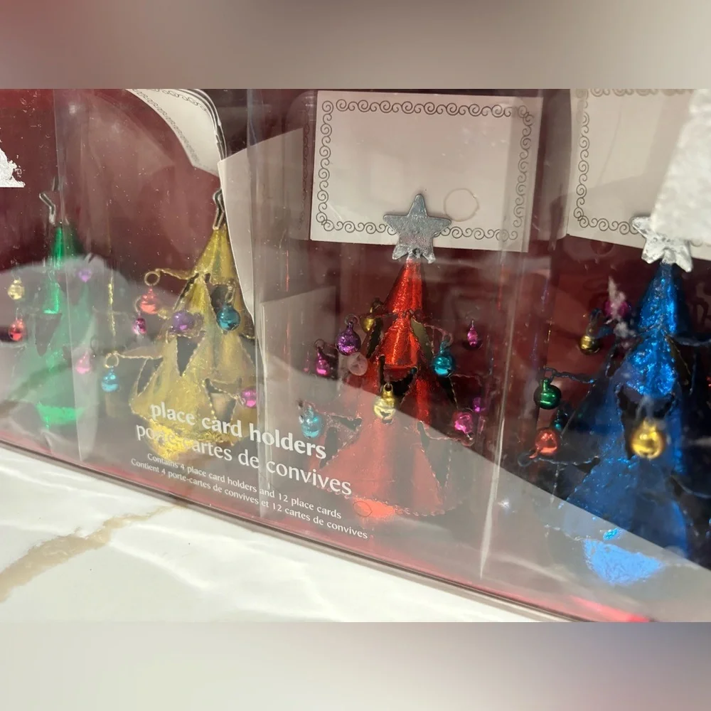 PIER 1 Imports CHRISTMAS TREE Bells PLACE CARD HOLDERS ~ SET OF 4 With Cards